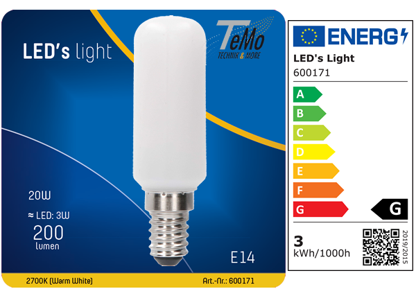 1 STÜCK (VPE) SHADA LED Classic E14 200lm 3W, warmweiss 2700K, T25 Opal, EEC: G (0600171)